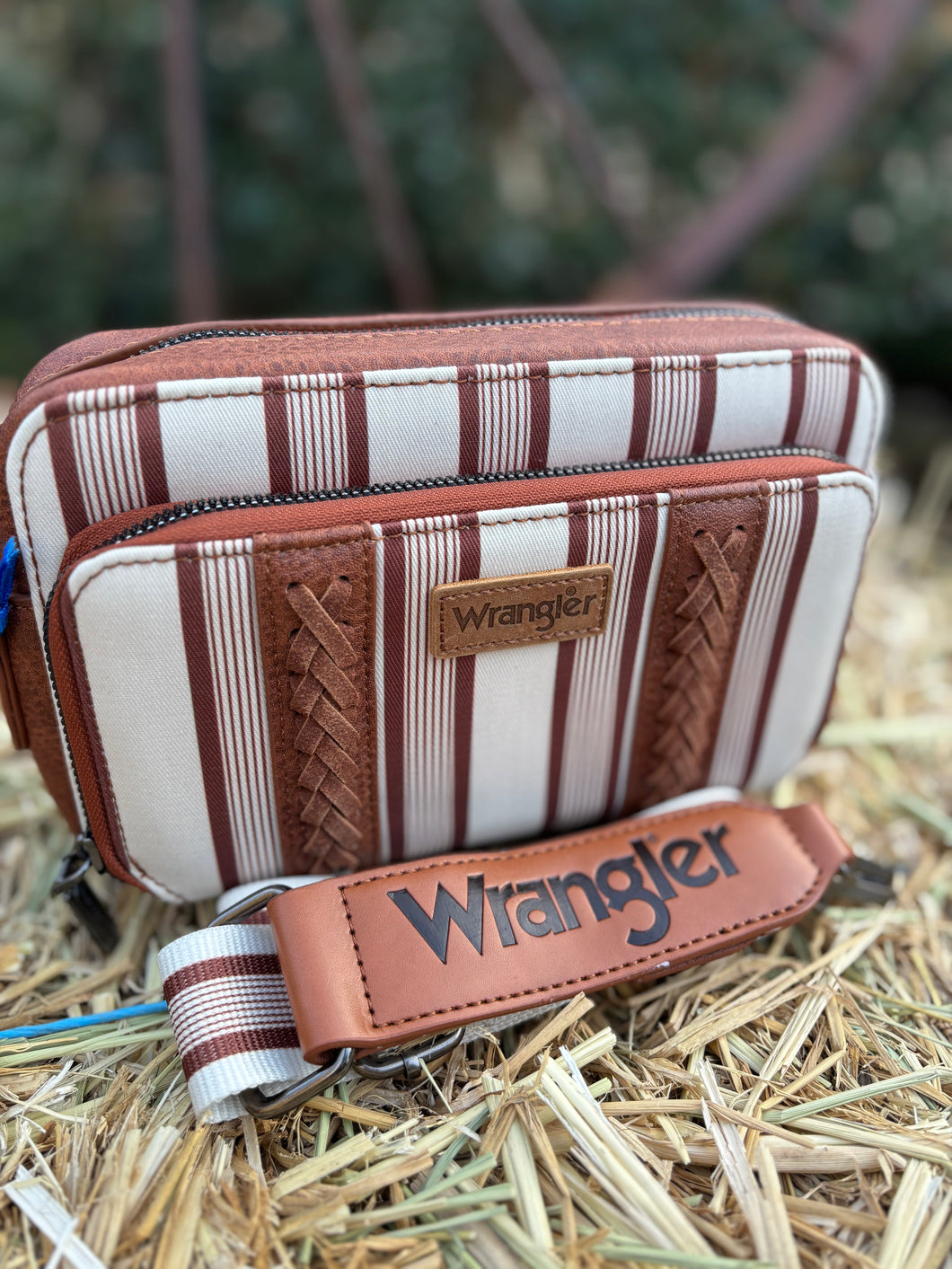 Wrangler Stripe Printed Crossbody Purse with Wallet Compartment - Brown