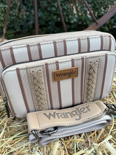 Wrangler Stripe Printed Crossbody Purse with Wallet Compartment - Khaki