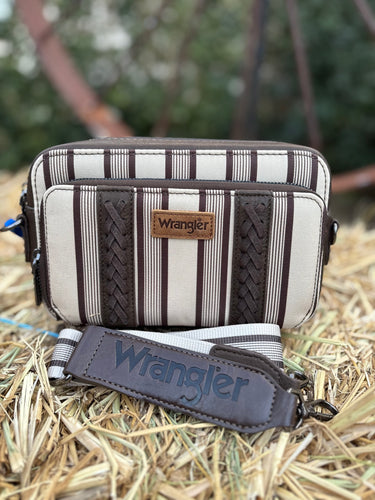 Wrangler Stripe Printed Crossbody Purse with Wallet Compartment - Coffee