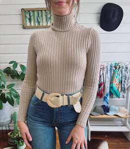 High neck ribbed top- Bone