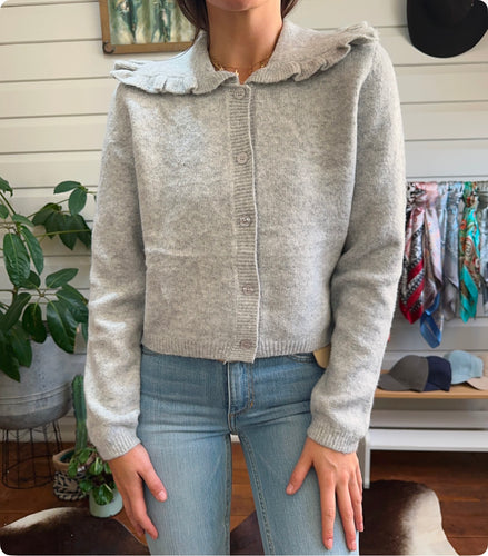 Ruffle Collar Knit Cardigan – Grey