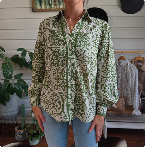 Contrast Piping Co-Ord Shirt - Green