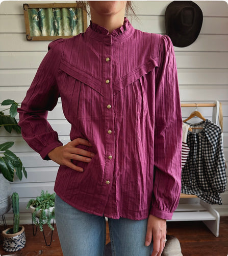 Lena Cotton blouse, Striped and textured, Golden buttons - Purple