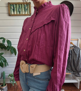 Lena Cotton blouse, Striped and textured, Golden buttons - Purple