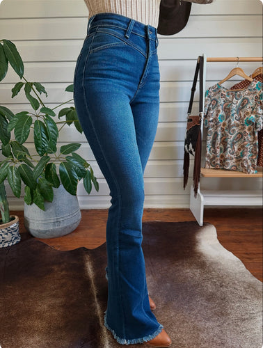 WESTERN HIGH RISE FRAYED HEM FLARE-KC7858M