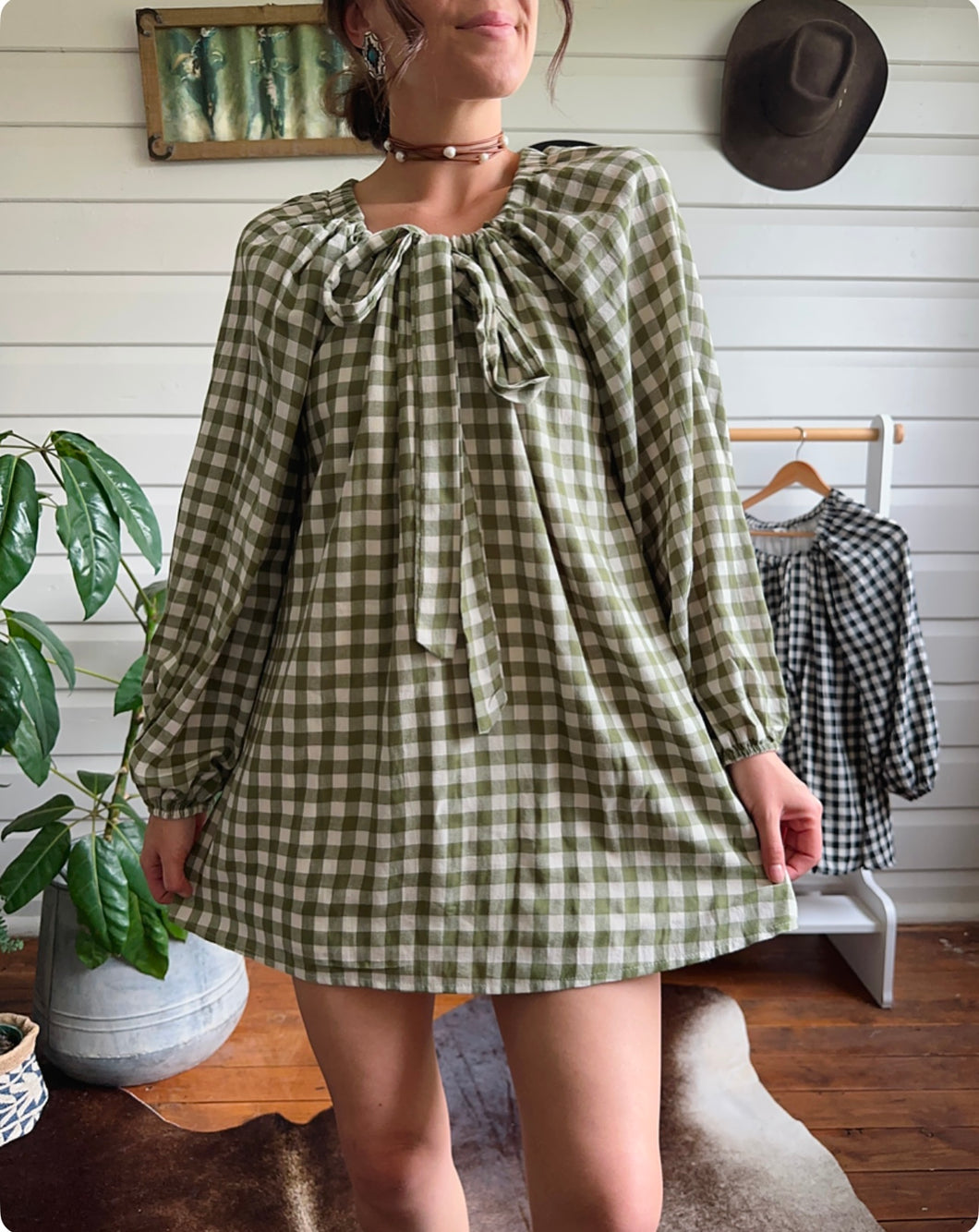 Country Check Mini Dress- olive