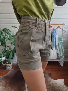 Denim Shorts - Detailed Stitching - Khaki