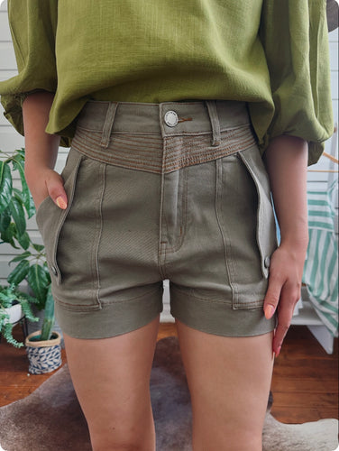 Denim Shorts - Detailed Stitching - Khaki