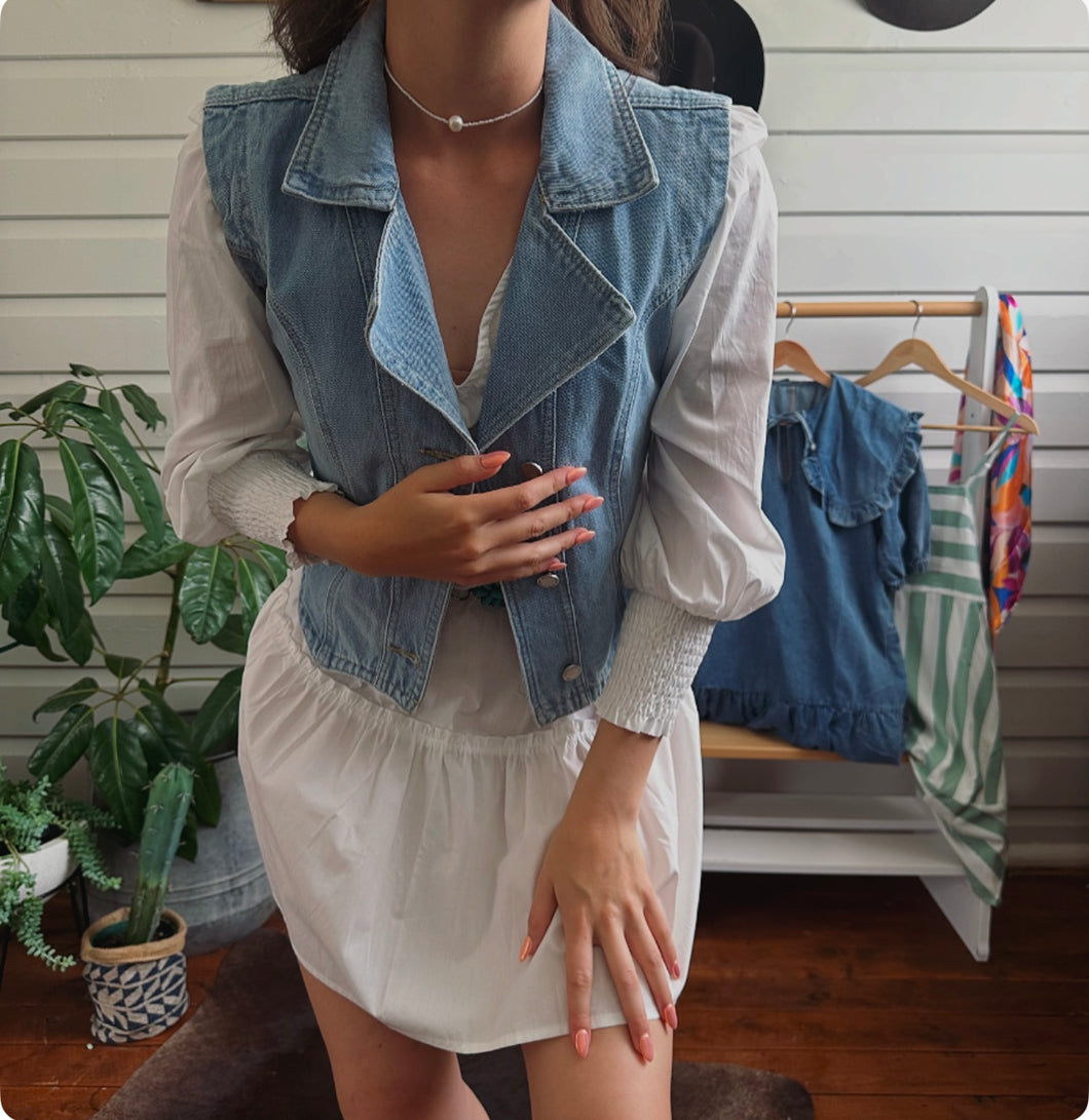 Collared Denim Vest - Blue
