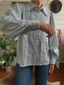 Blouse with Lace Trim - Blue