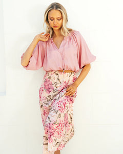 PINK TIE NECKLINE LINEN BUBBLE TOP