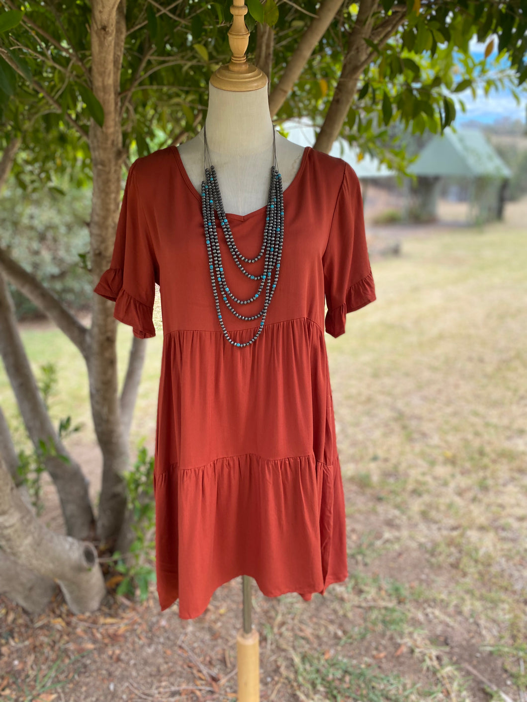 V-NECK FRILL SLEEVE SMOCK MINI DRESS- Rust