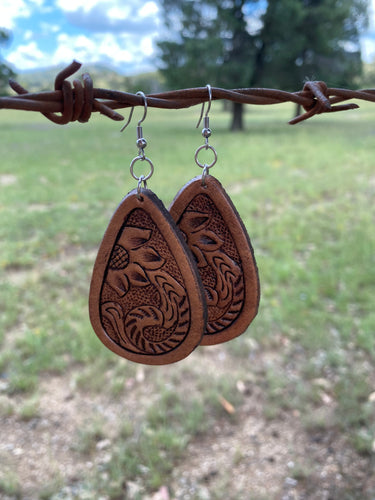 Earrings -Tooled leather brown