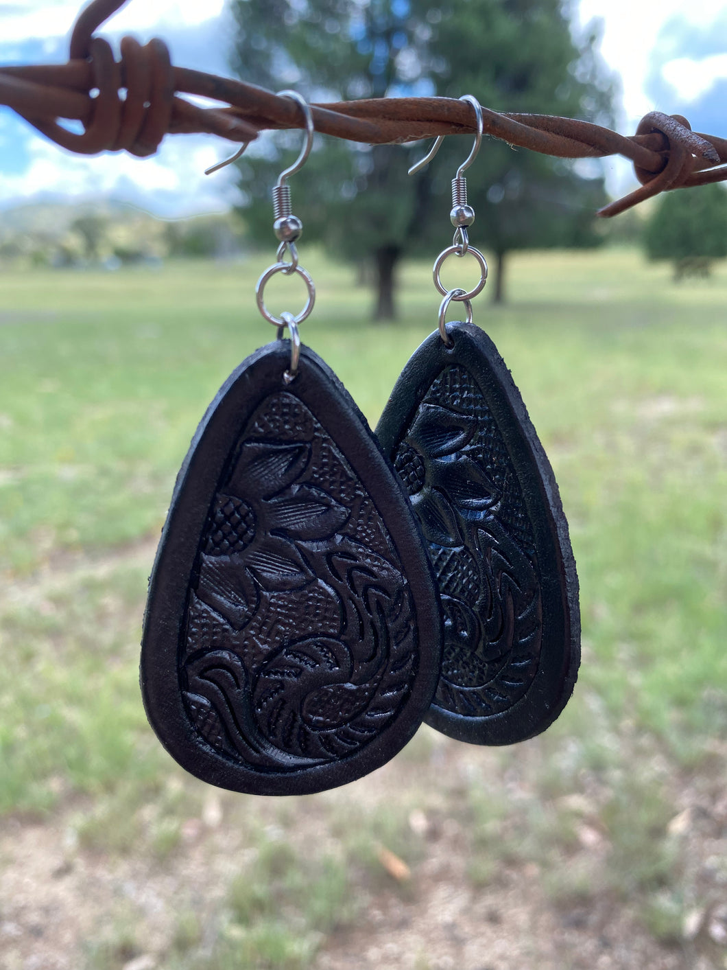 Earrings -Tooled leather -Black