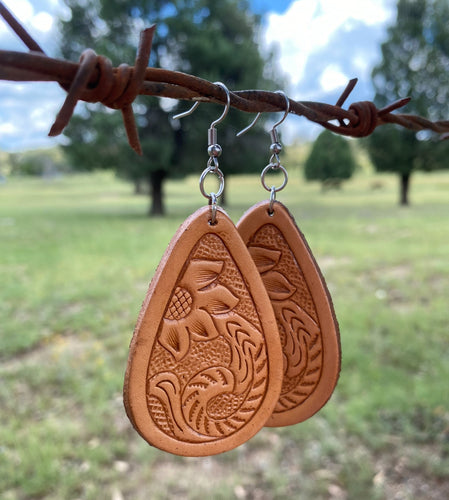 Earrings -Tooled leather Tan