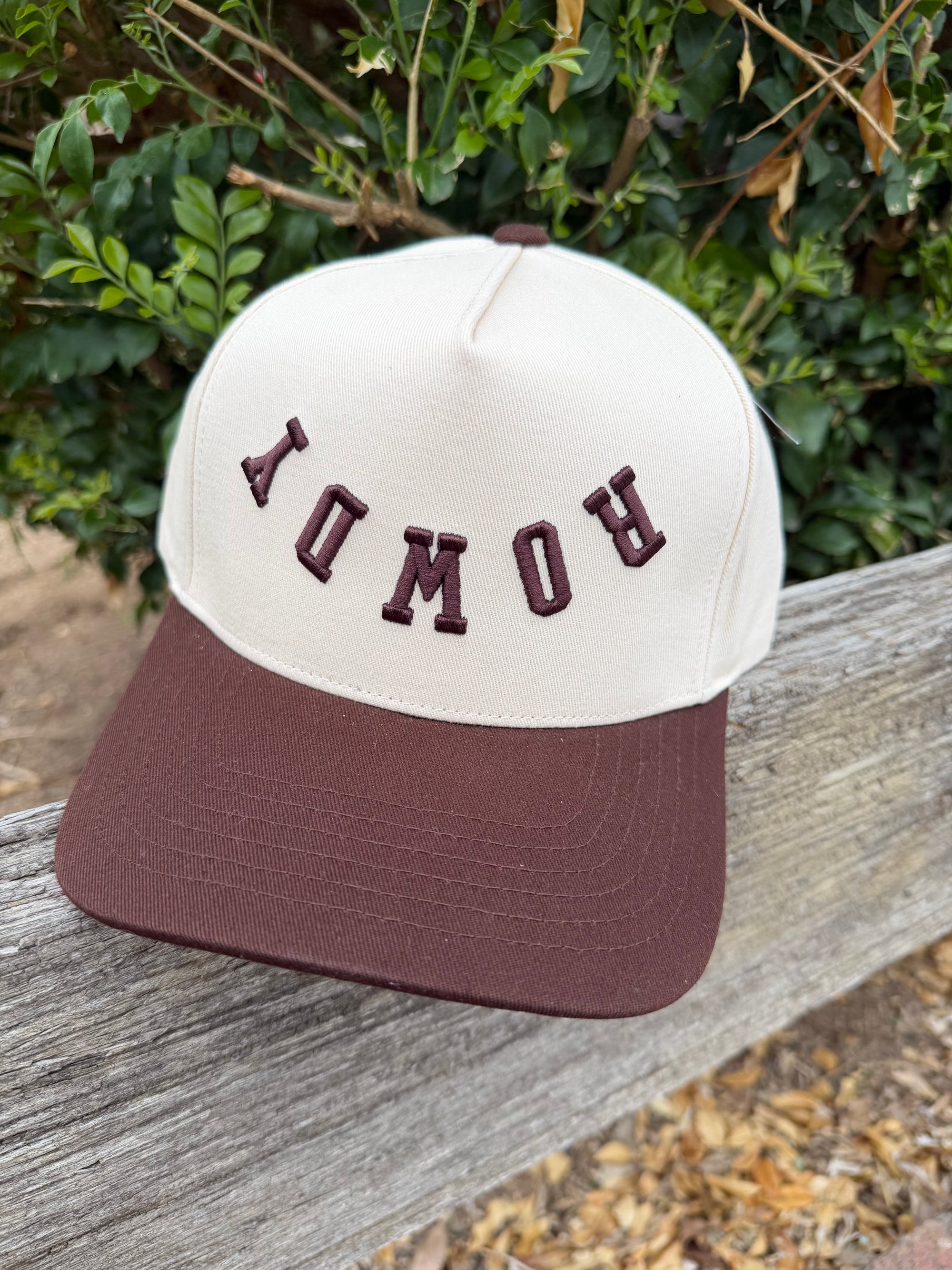 ROWDY Letter Embroidered Two Tone Trucker Cap: Brown