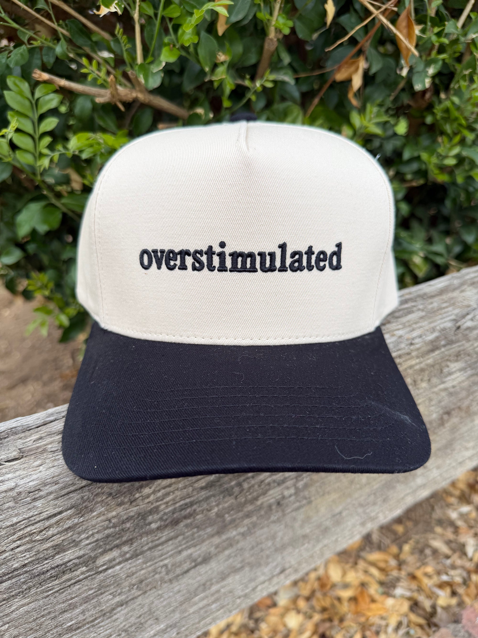 OVERSTIMULATED Letter Embroidered Two Tone Trucker Cap: Black