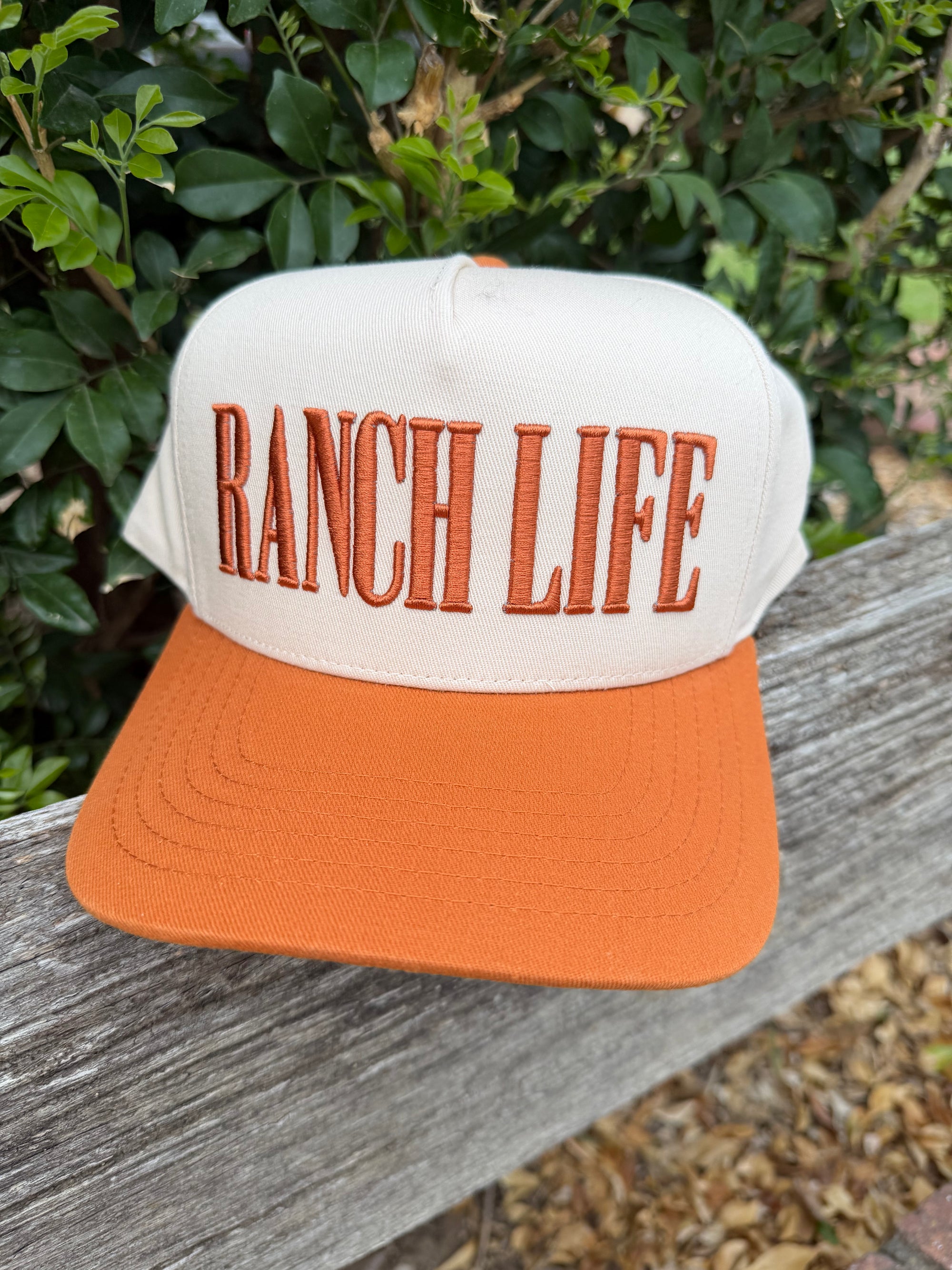RANCH LIFE Letter Embroidered Two Tone Trucker Hat: Burnt Orange