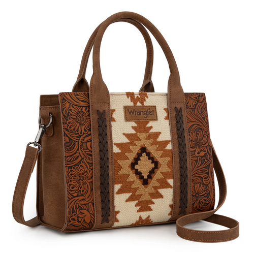 Wrangler Tooled Aztec Pattern Print Concealed Carry Tote/Crossbody -Brown
