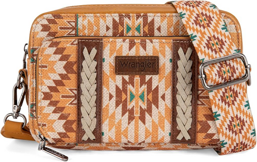 Wrangler Southwestern Pattern Dual Sided Print Crossbody Purse With Wallet Compartment -Yellow