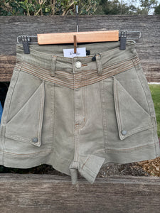 Denim Shorts - Detailed Stitching - Khaki