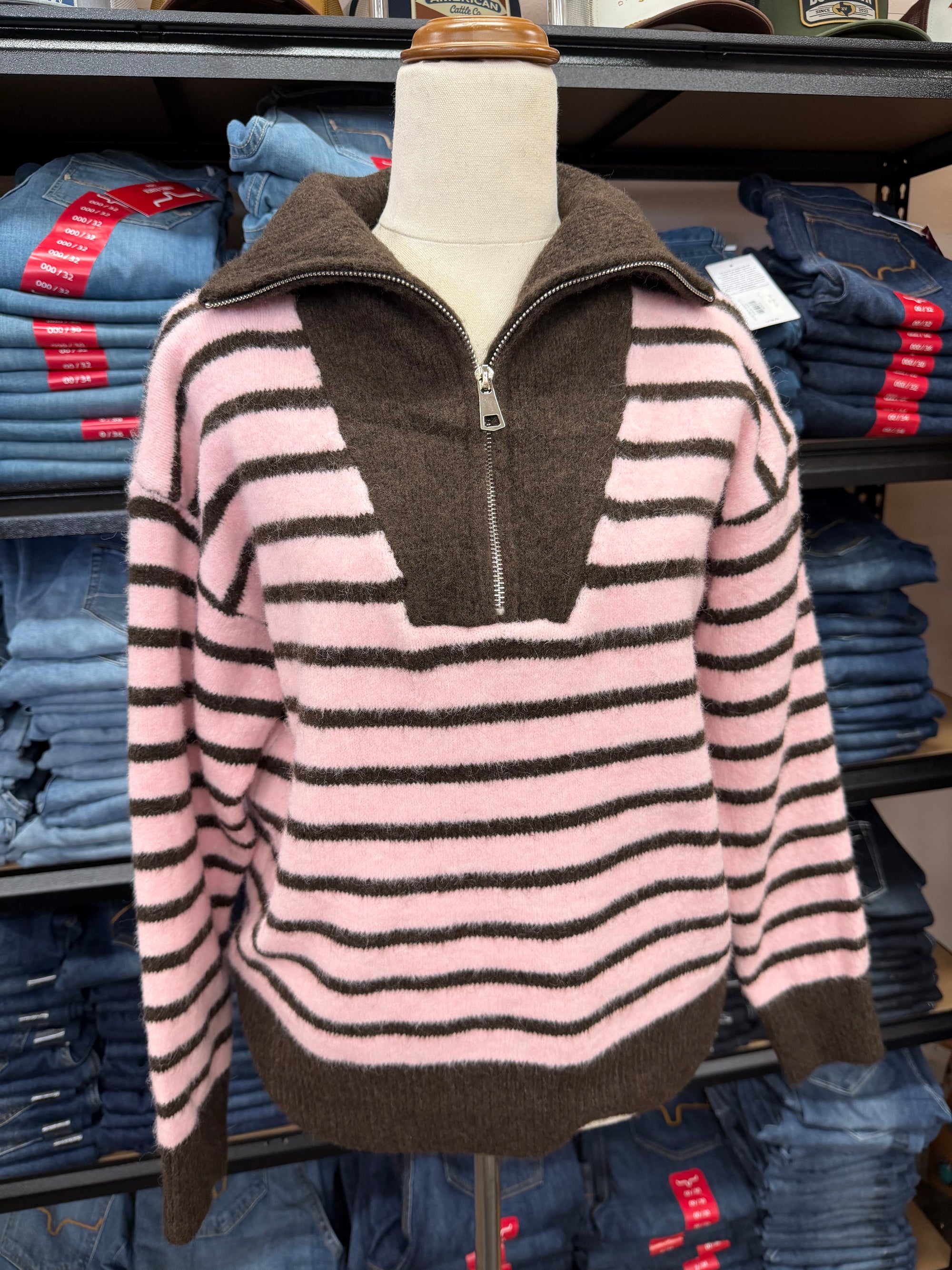 Chocolate Stripe Collared Pink Knit