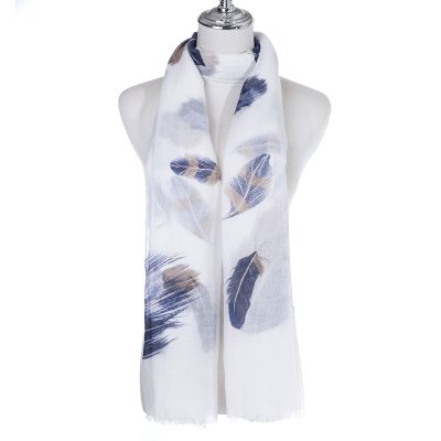 Scarf - White with Blue Feathers