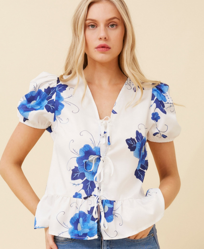 Calliope Floral Print Top - Blue & White