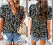 Tie V-Neck Relaxed Fit Floral Top - Black