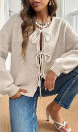 Cardigan - Tie Front Round Neck Loose - Oatmeal