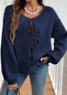 Cardigan - Tie Front Round Neck Loose - Navy