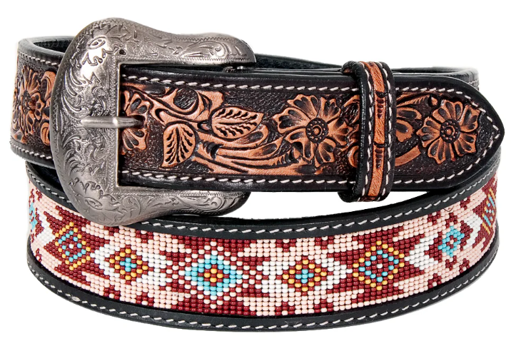 Western Leather Belt Antique Brown - Tooled &amp; Aztec- BEE103