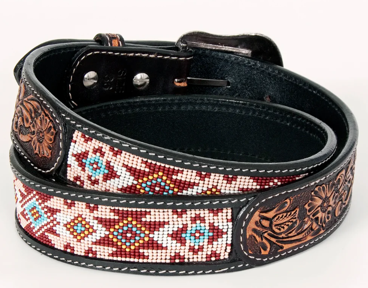Western Leather Belt Antique Brown - Tooled &amp; Aztec- BEE103