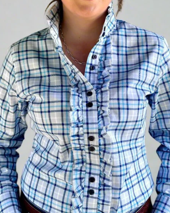 Alana - Blue tone check Ruffle Shirt
