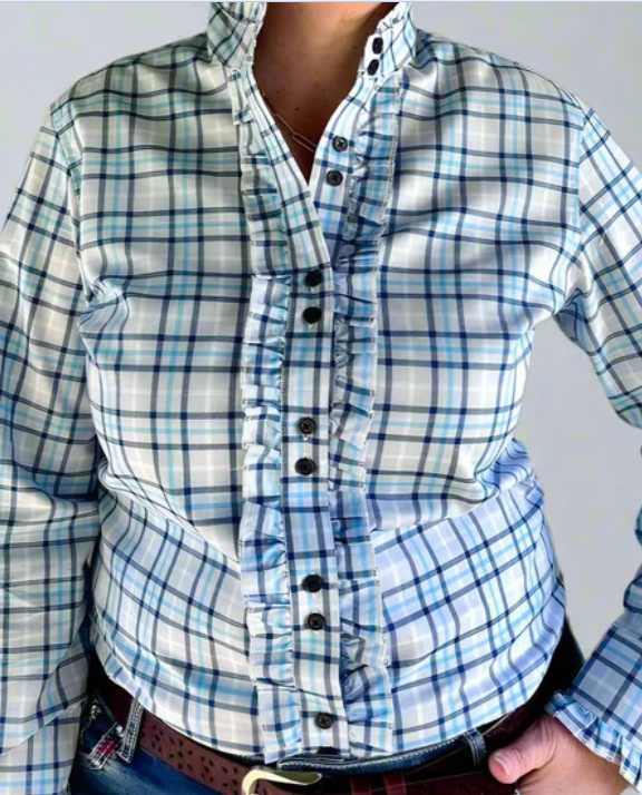 Alana - Blue tone check Ruffle Shirt