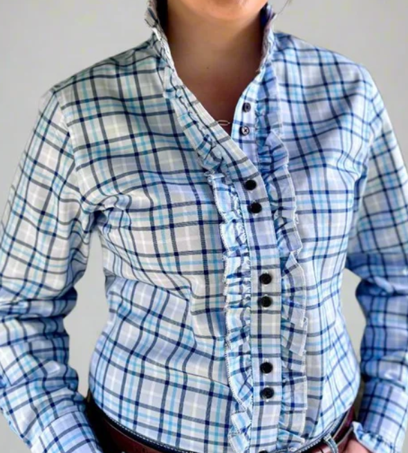 Alana - Blue tone check Ruffle Shirt