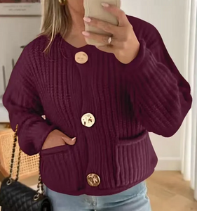 Amalie Gold Button Cardigan - Wine Red