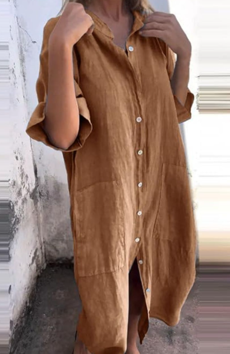 Button Front Shirt Midi Dress 3/4 Sleeve - Camel