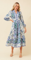 Paisley Floral Long Sleeve Dress - Multi Blue