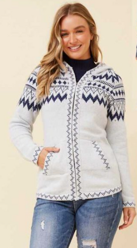 Lima Hooded Knit Jacquard Cardigan - Light Blue