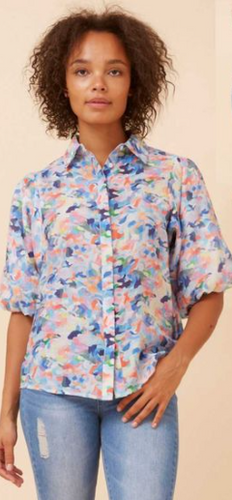 Wilkie Puff Sleeve Shirt - Multi Blue