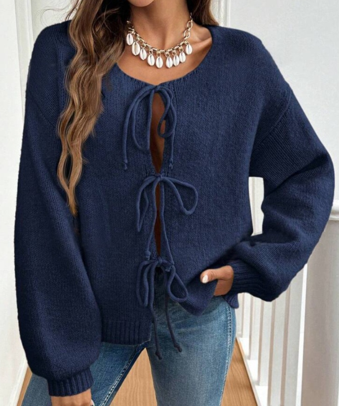Cardigan - Tie Front Round Neck Loose - Navy