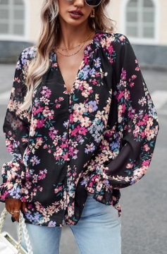V Neck Floral Print Long Sleeve Shirt