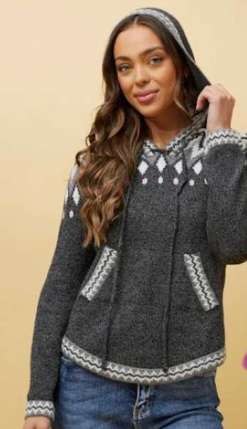 Hooded Jacquard Knit Jumper - Grey