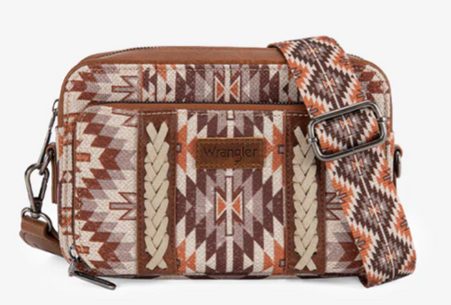 Wrangler Southwestern Pattern Dual Sided Print Crossbody Purse With Wallet Compartment - Brown