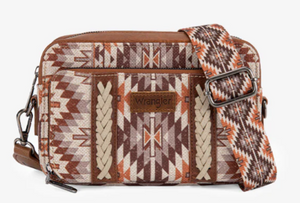 Wrangler Southwestern Pattern Dual Sided Print Crossbody Purse With Wallet Compartment - Brown