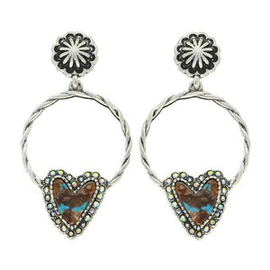 WESTERN TURQUOISE HEART OPEN CIRCLE DROP EARRINGS E14312