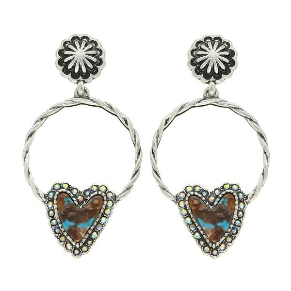 WESTERN TURQUOISE HEART OPEN CIRCLE DROP EARRINGS E14312