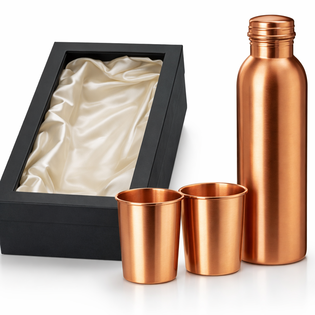 Pure Copper Bottle Gift Set with 2 Glasses – 950ml Bottle &amp; 300ml Tumblers