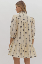 Beige Bowknot Printed Bubble Sleeve V Neck Mini Dress